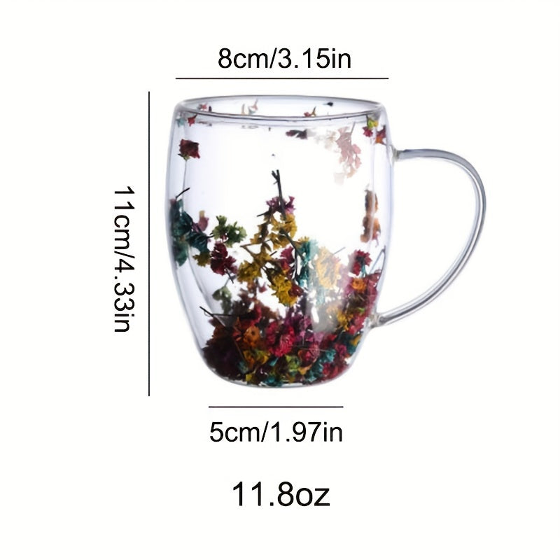 Double-Walled Glass Mug 11.83oz with Dried Flowers for Coffee Tea Juice