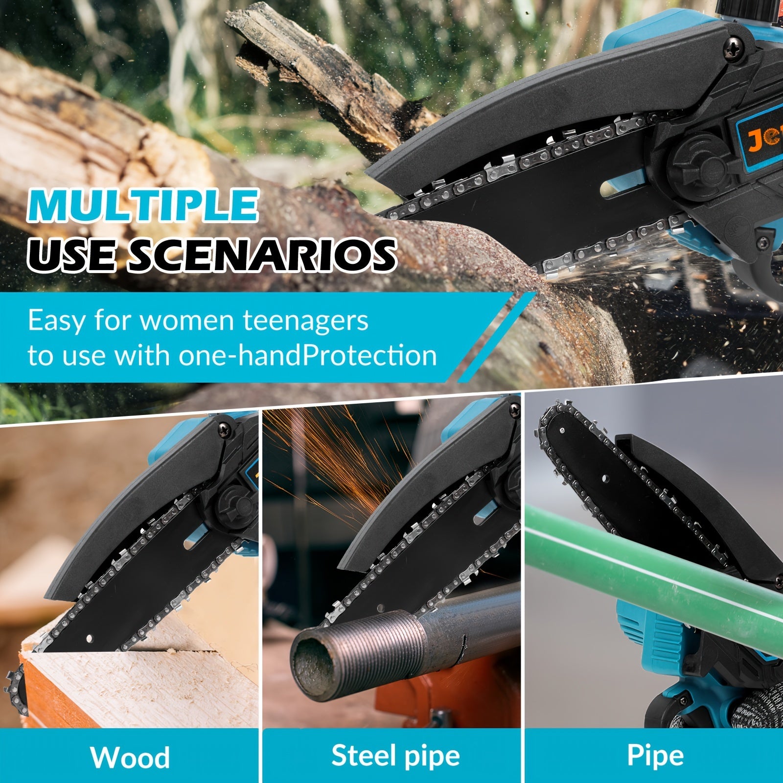 Mini Cordless Chainsaw 15.24cm with 2 Batteries Automatic Oiler Safety Lock