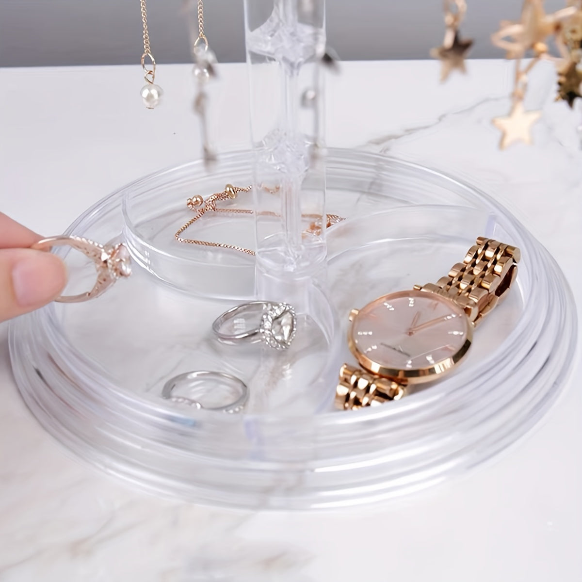 2-Layer Rotatable Storage Rack with 16 Hooks for Keys Jewelry and Accessories