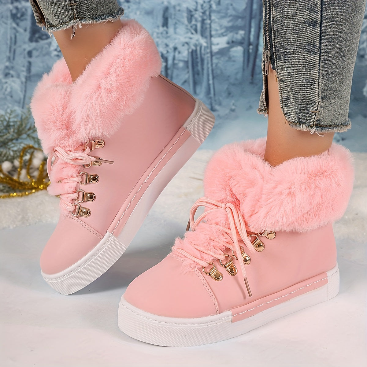Women's Plush-Lined Winter Sneakers with Tiger Buckle in Black Pink