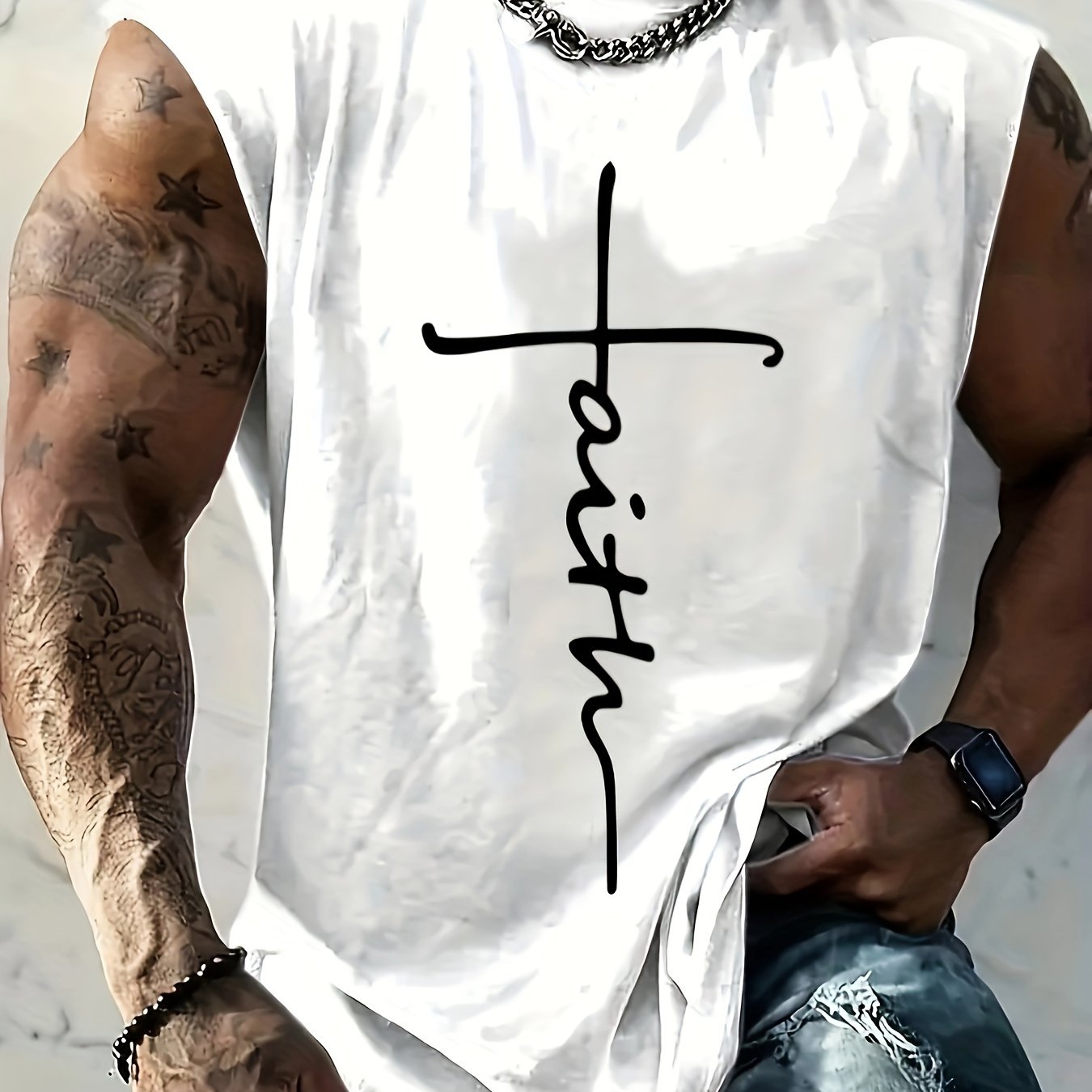 Erkaklar uchun Plus Size Gradient "Faith" Print Tank Top qora va teal dizaynida, yozgi fitnes, mashg'ulotlar va tasodifiy kiyimlar uchun mos, nafas oladigan va cho'ziluvchan, PLUS SIZE.