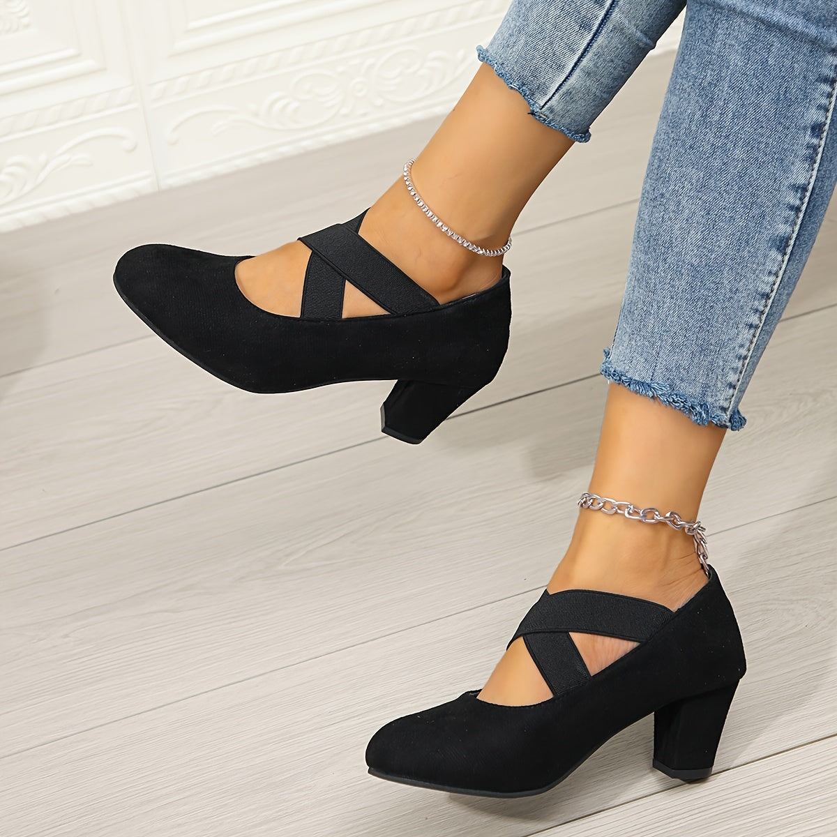 Women's Chunky Heel Pumps with Elastic Band Round Toe Solid Color