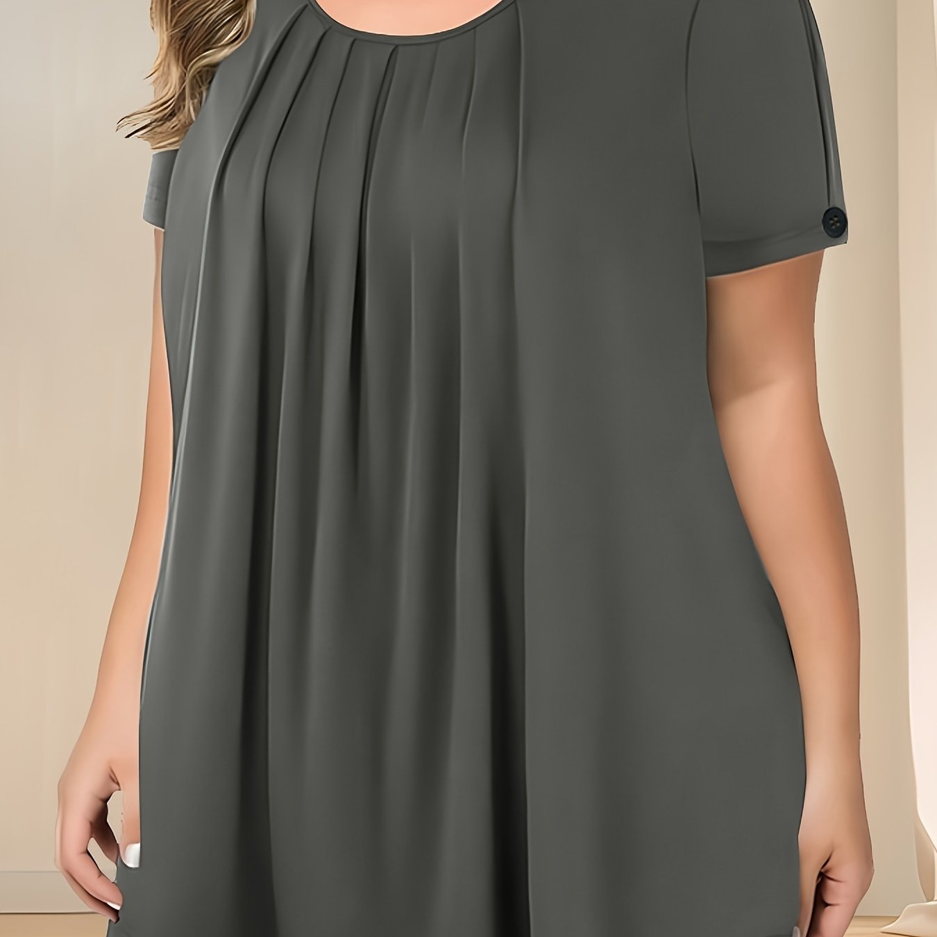 Camiseta de mujer de talla grande con pliegues y botones, verano casual de color sólido con cuello redondo