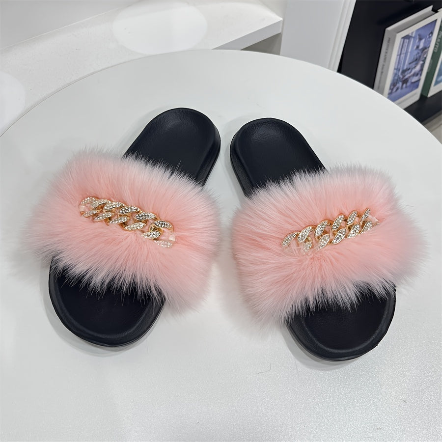 Women's Rhinestone Chain Flat Sandals Faux Fur Summer Casual Slides