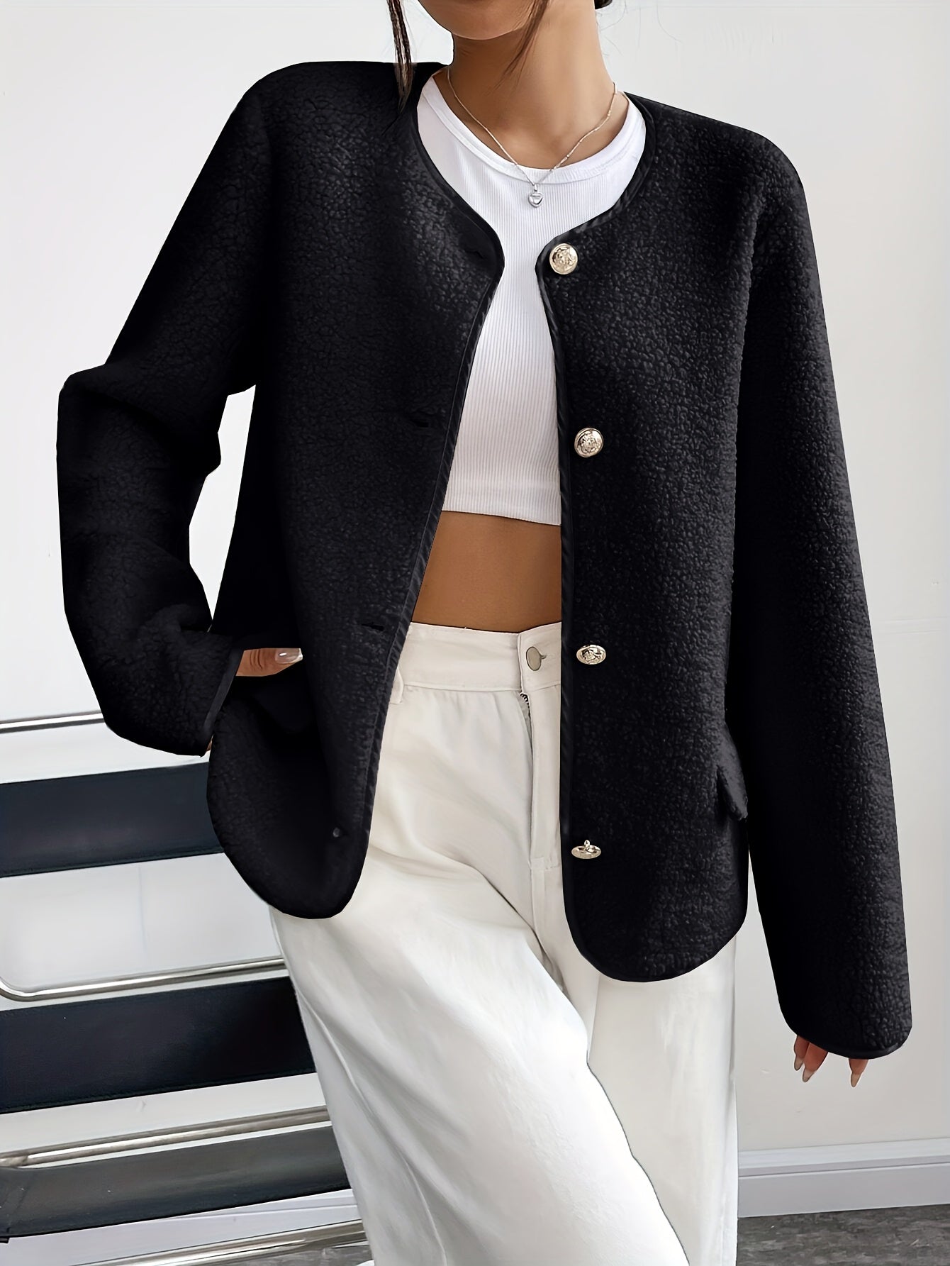 Chaqueta de poliéster para mujer de cuello redondo, de color sólido, con botones, para otoño e invierno, tejido no elástico