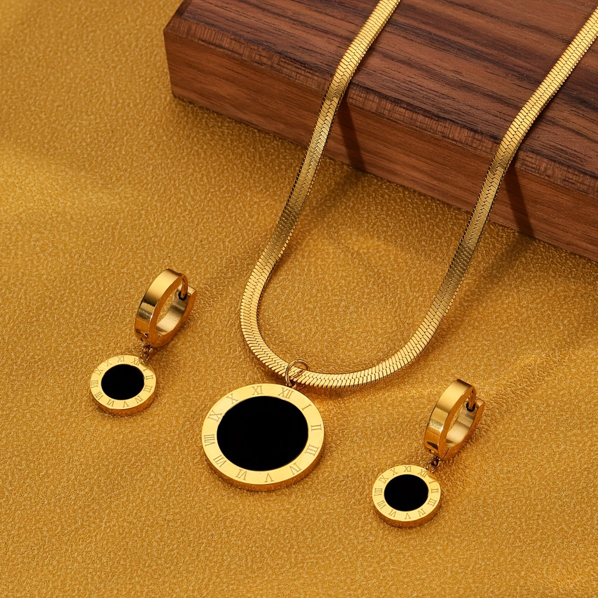 Roman Numeral Charm Necklace and Earrings Set in 18K Gold Plated Stainless Steel for Women