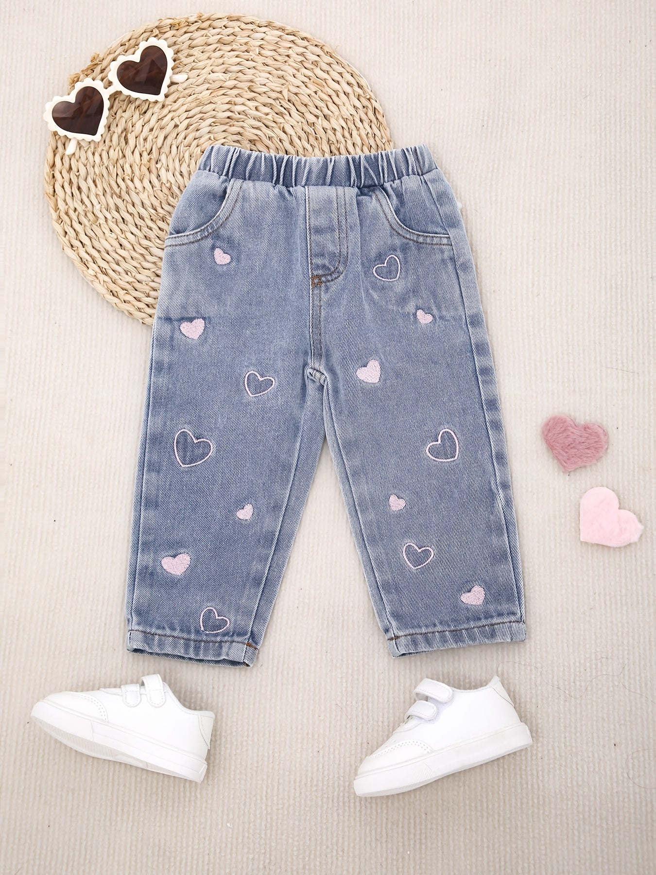 Girls' Jeans with Heart Embroidery Rayon Blend Machine Washable for Spring Fall