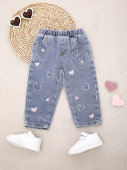 Джинсы для девочек с вышивкой в виде сердца, из смеси вискозы, моющиеся в машине, для весны и осени