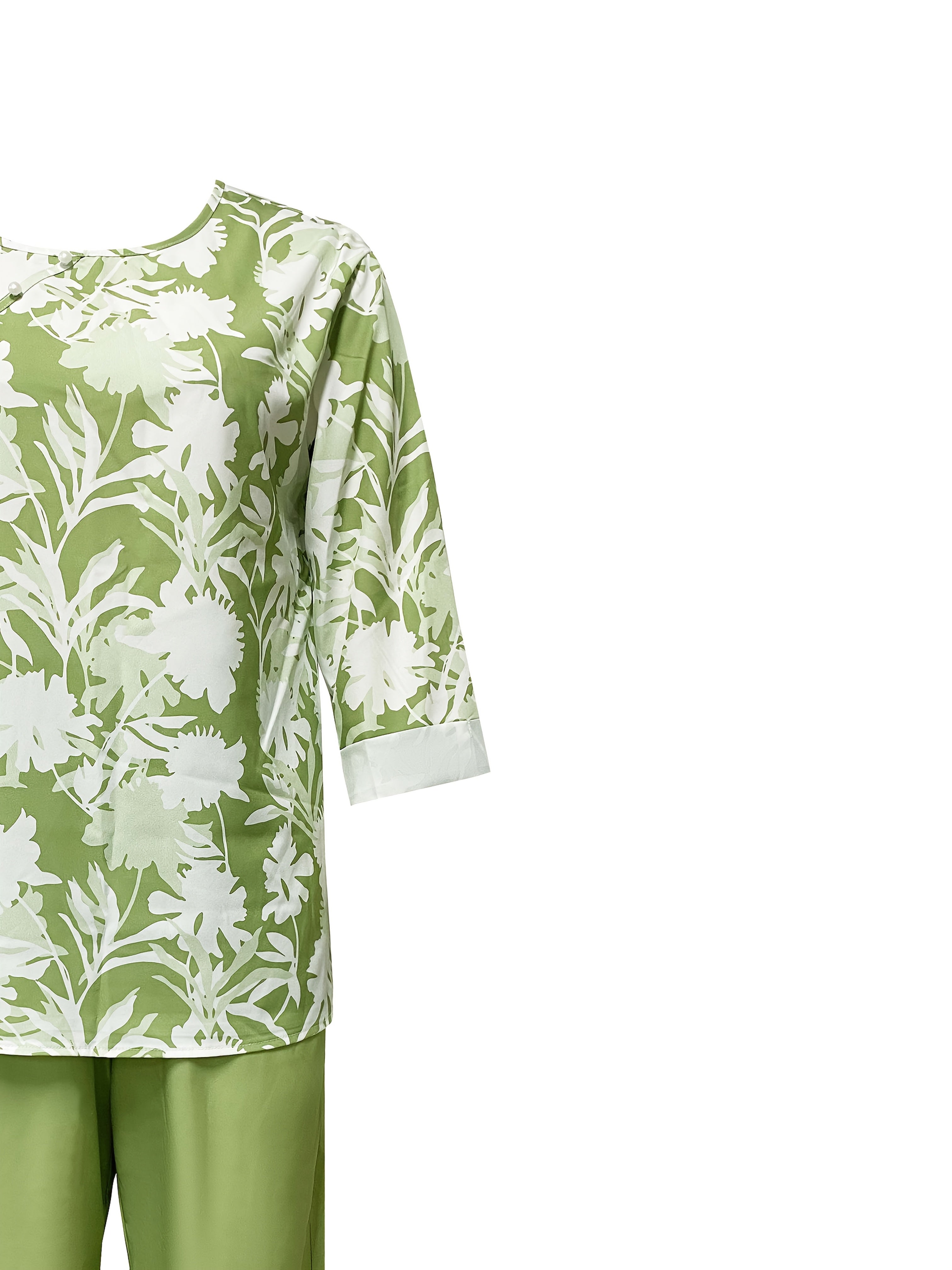 Women's Floral Print Two-Piece Outfit with Crew Neck Top and Elastic Waist Pants