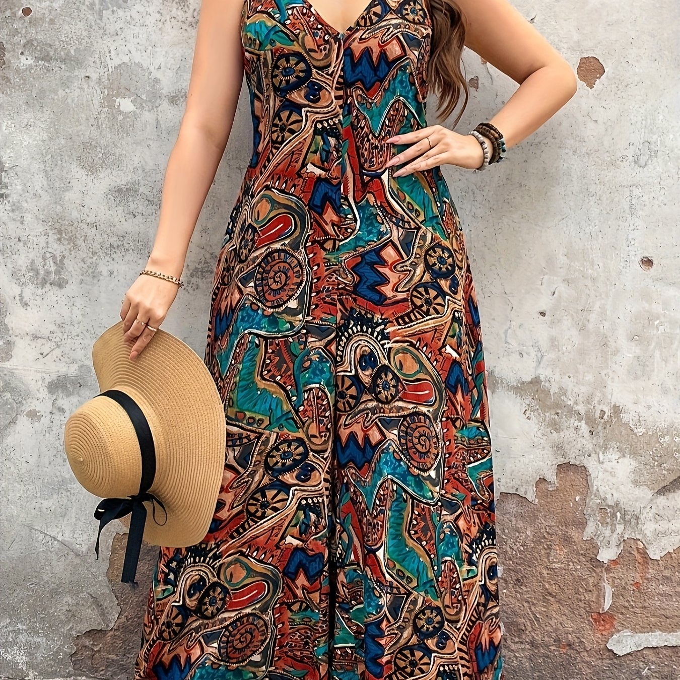 Ayollar uchun Bohem V-yuynli, bezovta qilmaydigan, keng oyoqli kombinezon, gul bosimi, kundalik