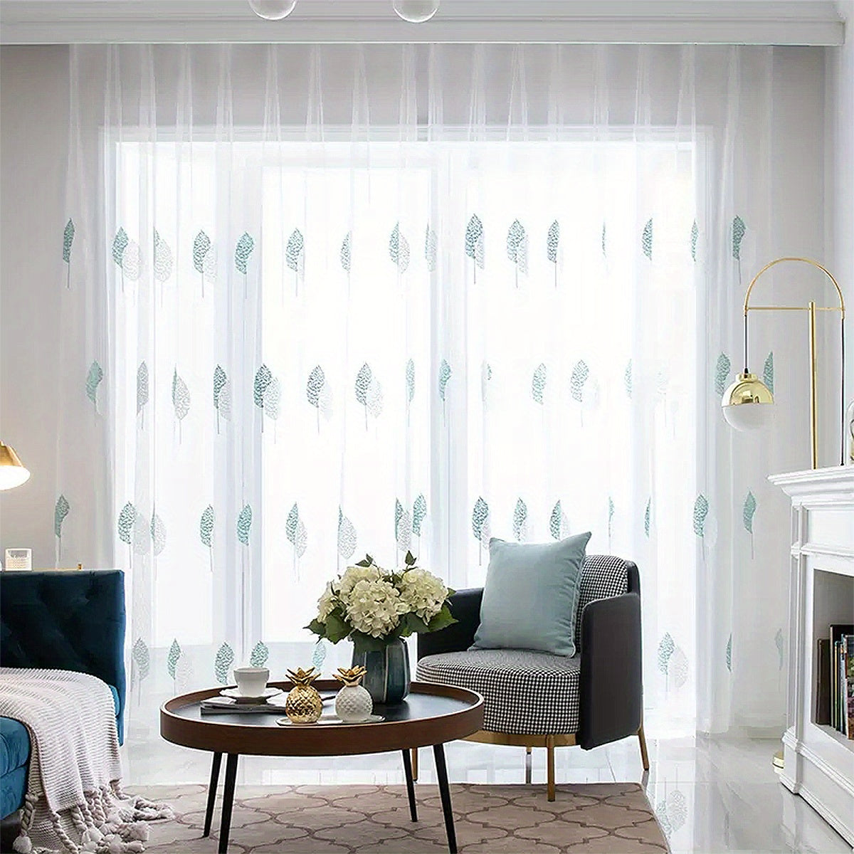 Elegant Tulle Curtain with Leaf Embroidery Translucent Rod Pocket for Living Room Bedroom