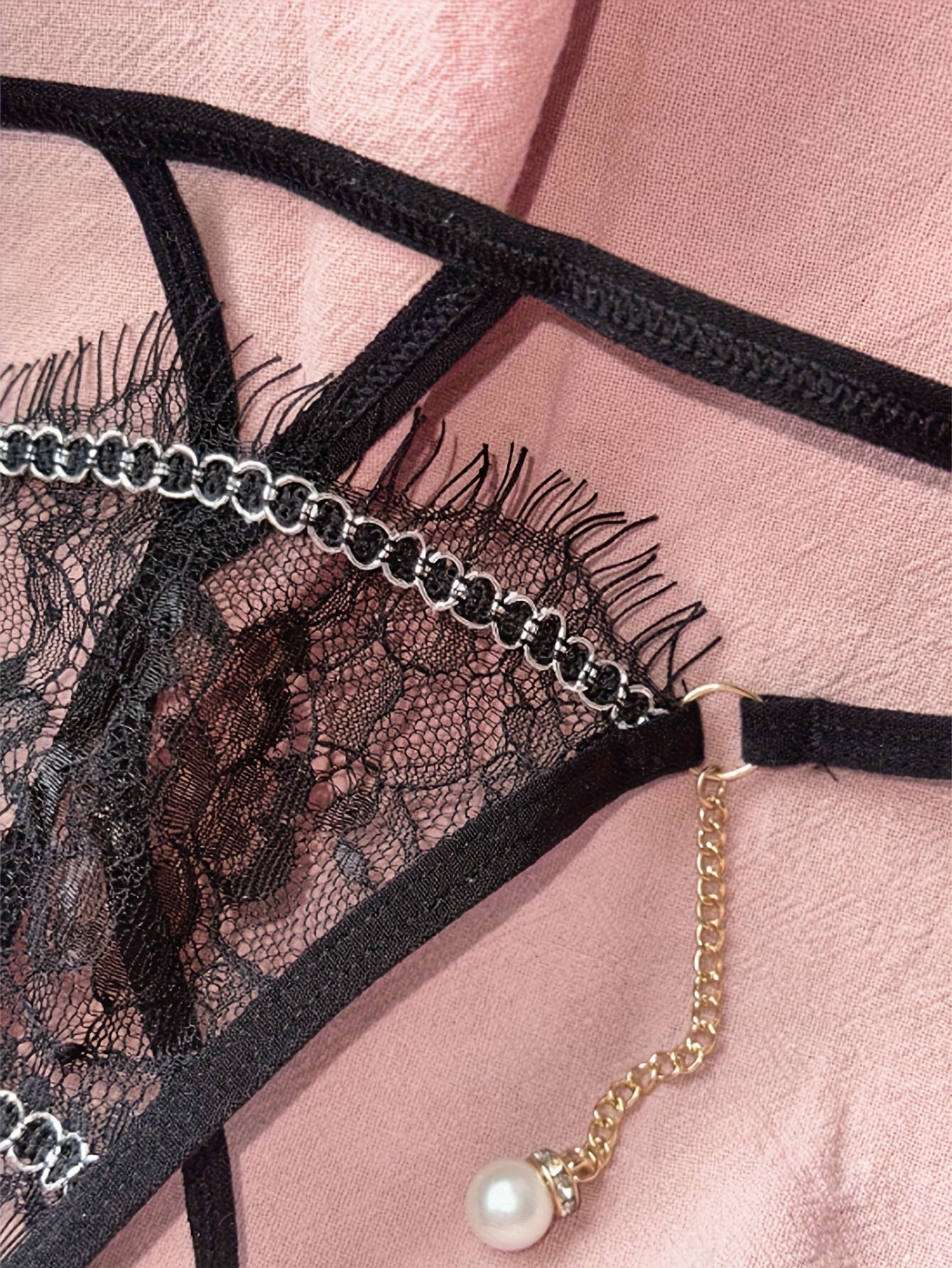 Women's Floral Lace Thong with Pearl Pendant Open Crotch Low Waist Lingerie