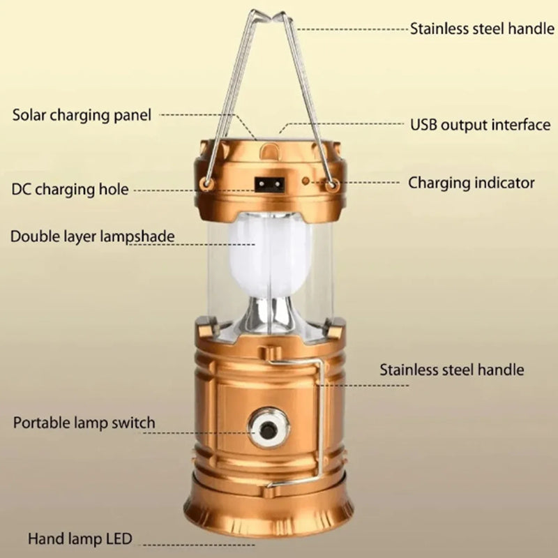 Portable Solar LED Camping Lantern with Retractable Hanging Handle