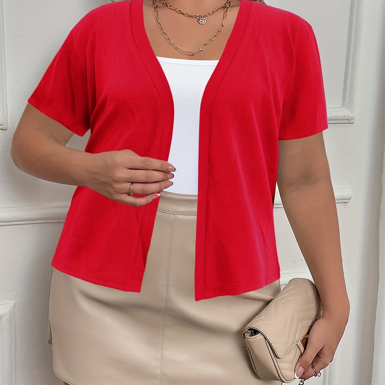 Plus Size Women's Short Sleeve Cardigan Open Front Ribbed Spring Summer