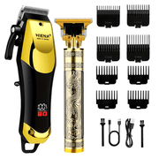 Professional Hair Clippers Set T-Blade USB Rechargeable Golden Black for Home Use