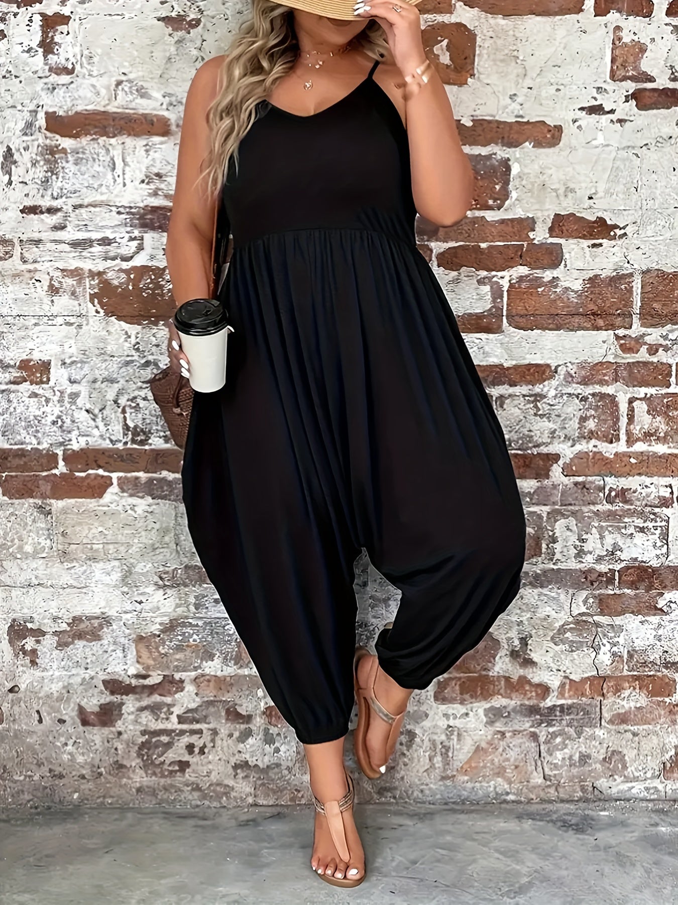 Plus Size Women's Orange Sleeveless Jumpsuit Casual Wide-Leg Beachwear