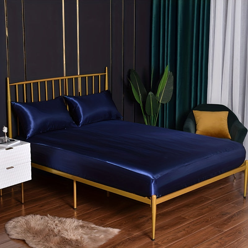 Satin Bedding Set 3 or 4 Pieces Solid Color Fitted Sheet Pillowcases for Bedroom