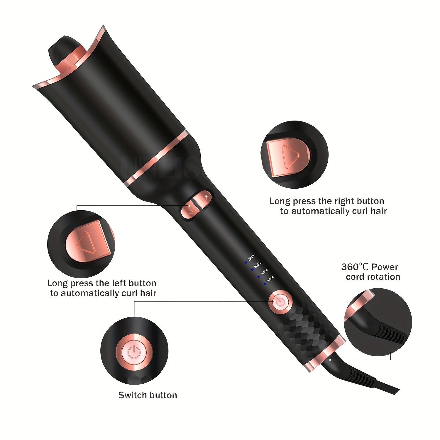 Curling Iron with Ceramic Rotating Barrel 6 Temp Settings Auto Shut-Off Fast Heating