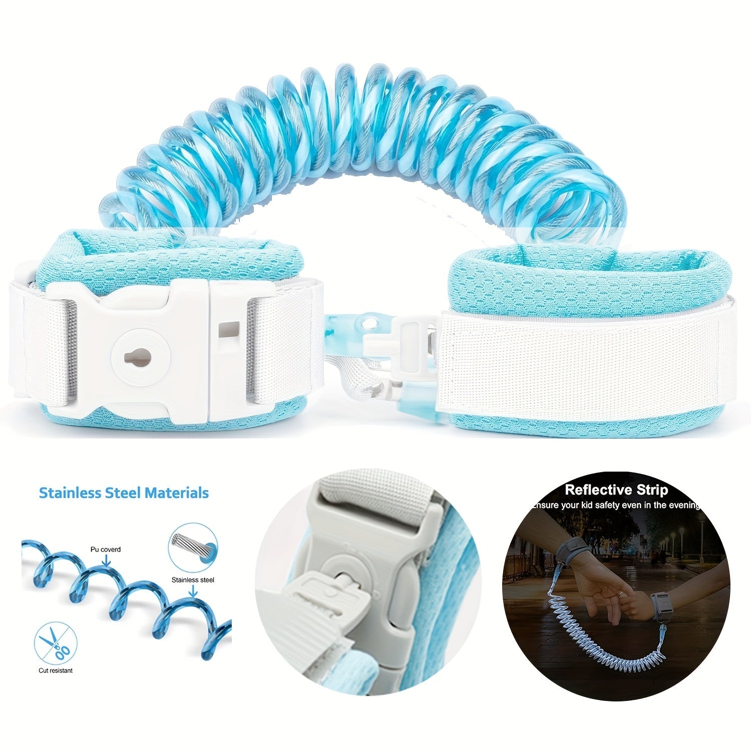 Child Safety Wrist Link Reflective Anti-Lost Harness with Key Lock and Whistle Blue