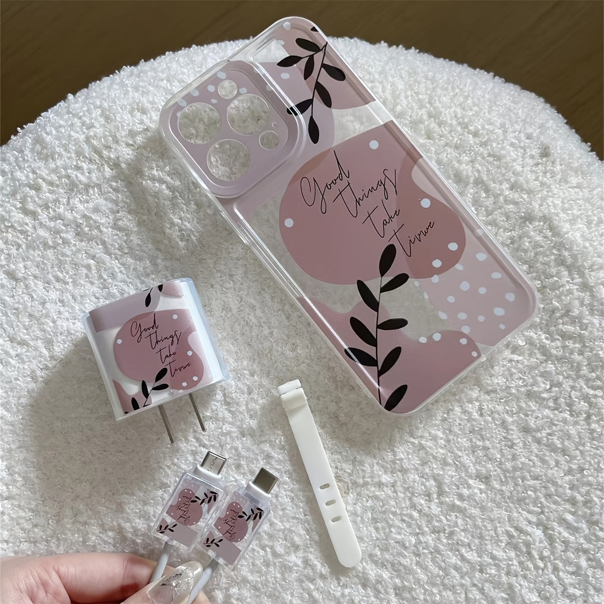 5-Piece Phone Case Set for iPhone 16/15/14/13/12/11 Series TPU Protective Cover with Flower Transparent Case Charger Case Data Cable Cases and Silicone Tie