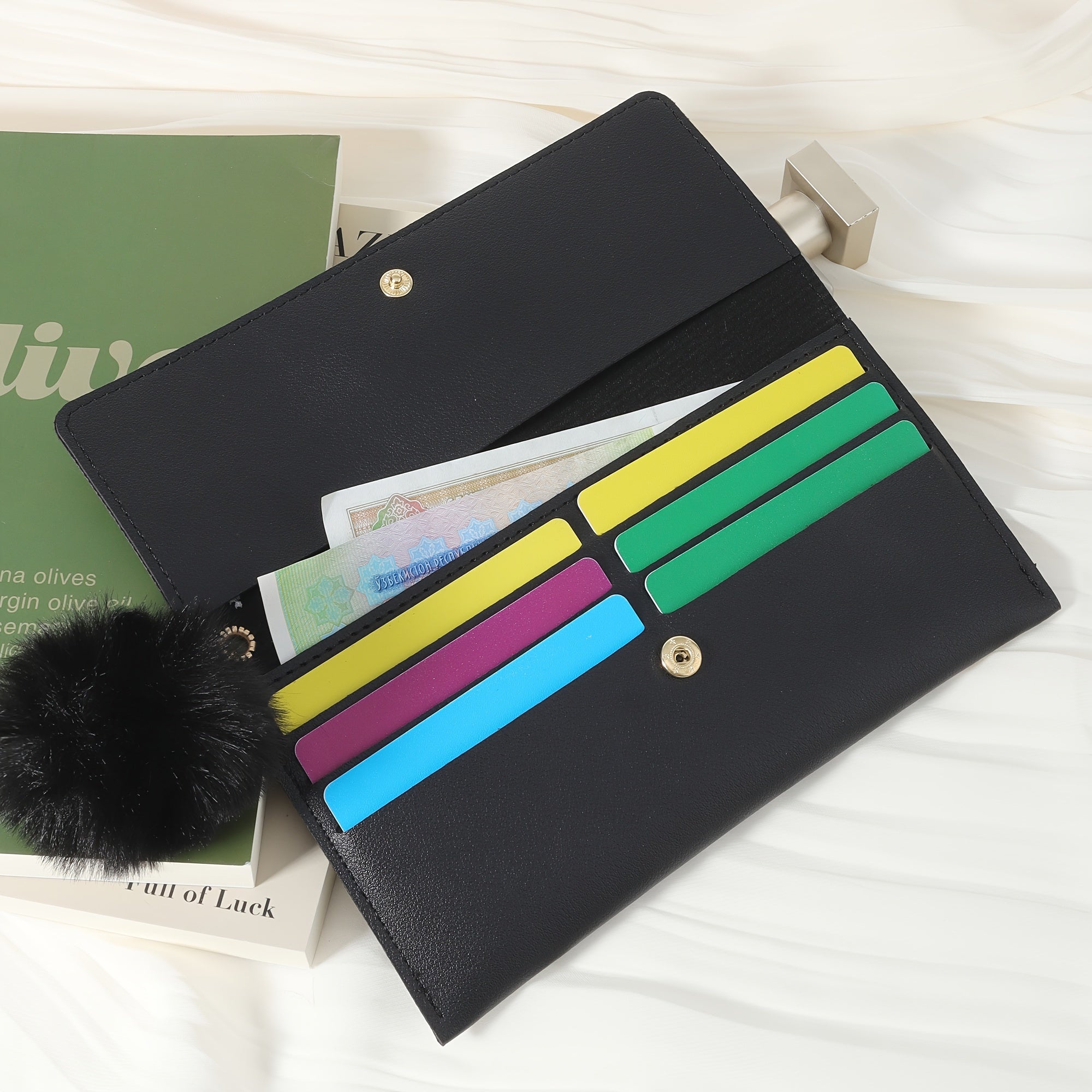 Women's Foldable PU Wallet with Fur Ball Decoration and Card Slots