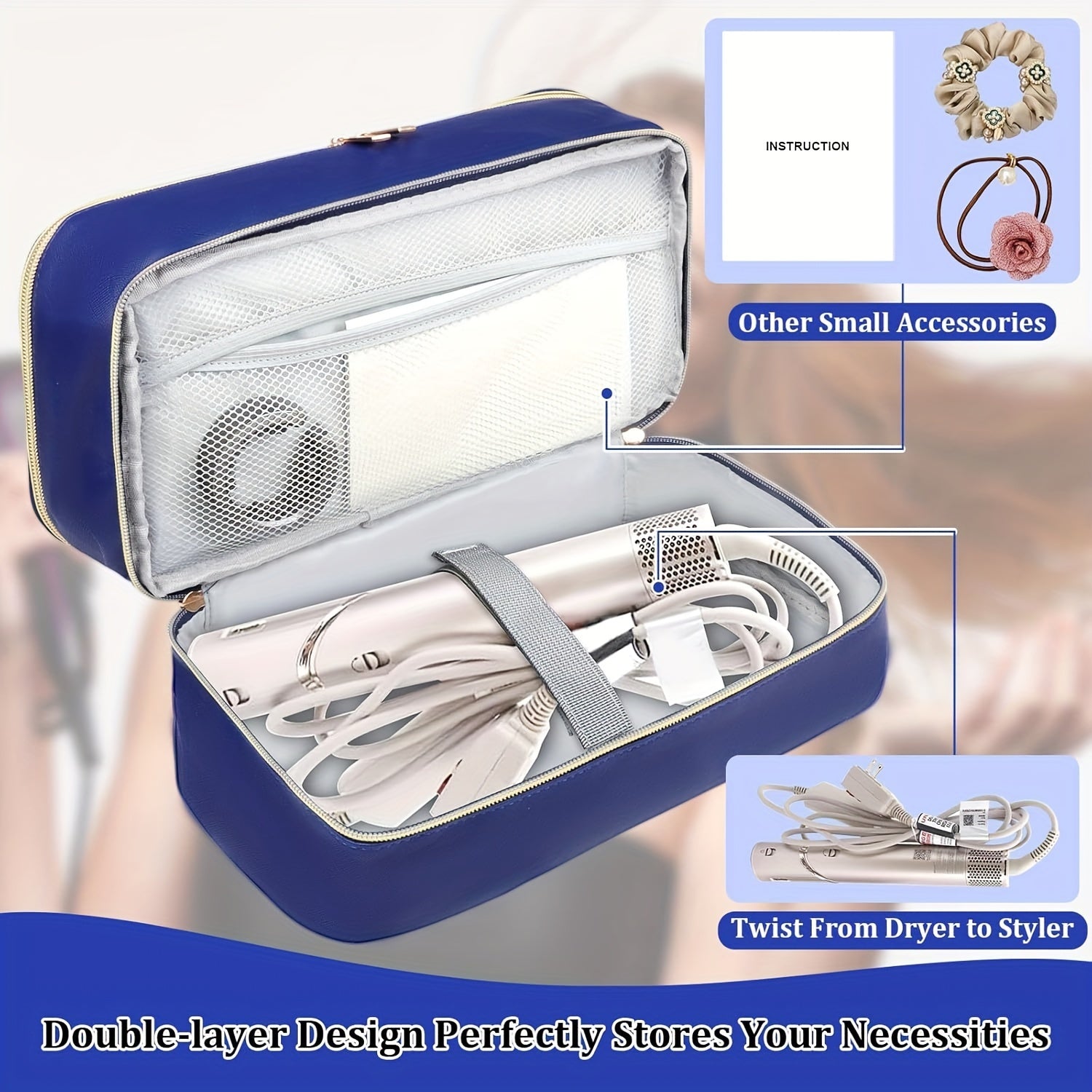 Estuche de secador de pelo de viaje unisex con bolsa organizadora a prueba de agua, resistente a arañazos y de doble capa en blanco, negro y azul