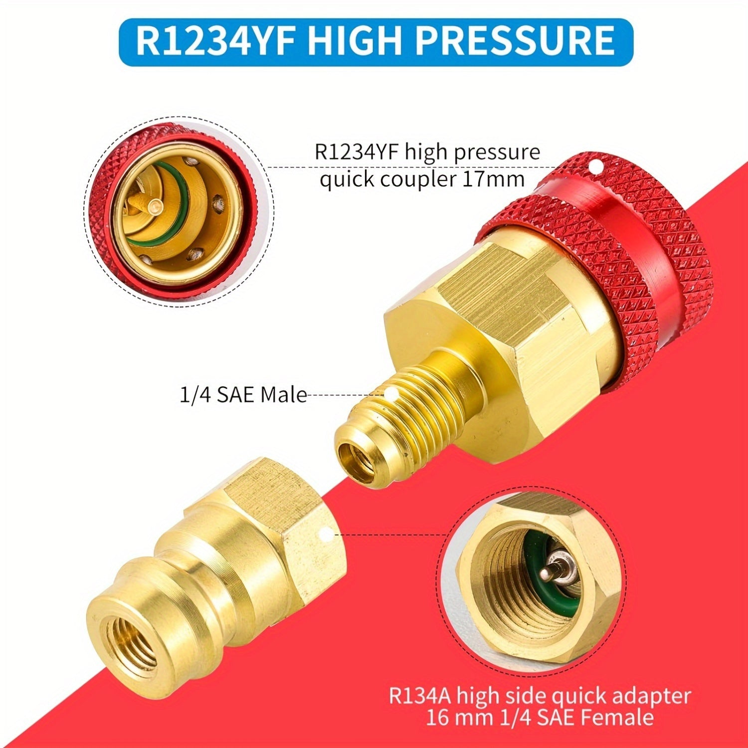 R1234YF dan R134A yuqori/pastki tomonli ulanishlar uchun R134YF tez ulanish adapterlari juftligi, avtomobil havo konditsioneri uchun AC zaryadlash shlangi adapteri, quvvat talab qilinmaydi