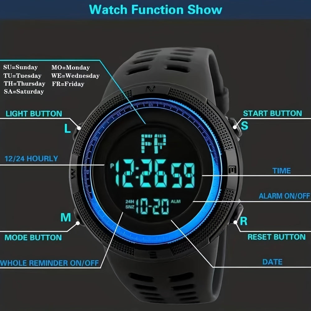 Men's Digital Smartwatch with LED Night Light Alarm and Stopwatch Silicone Band