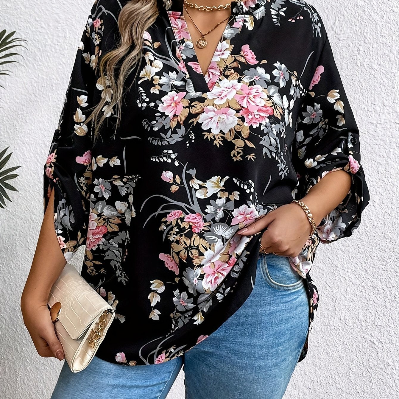 Plus Size Floral Print Blouse Long Sleeve V-Neck Spring Fall Polyester Elegant
