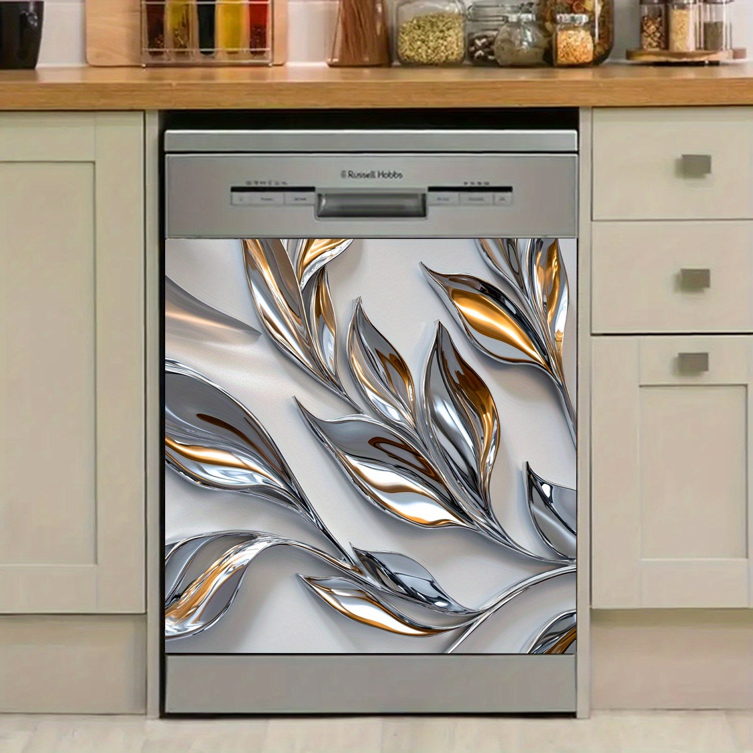 Cubierta de imán para lavavajillas con patrón de hoja de plata y oro, resistente al agua, a prueba de calor, decorativa de paneles metálicos