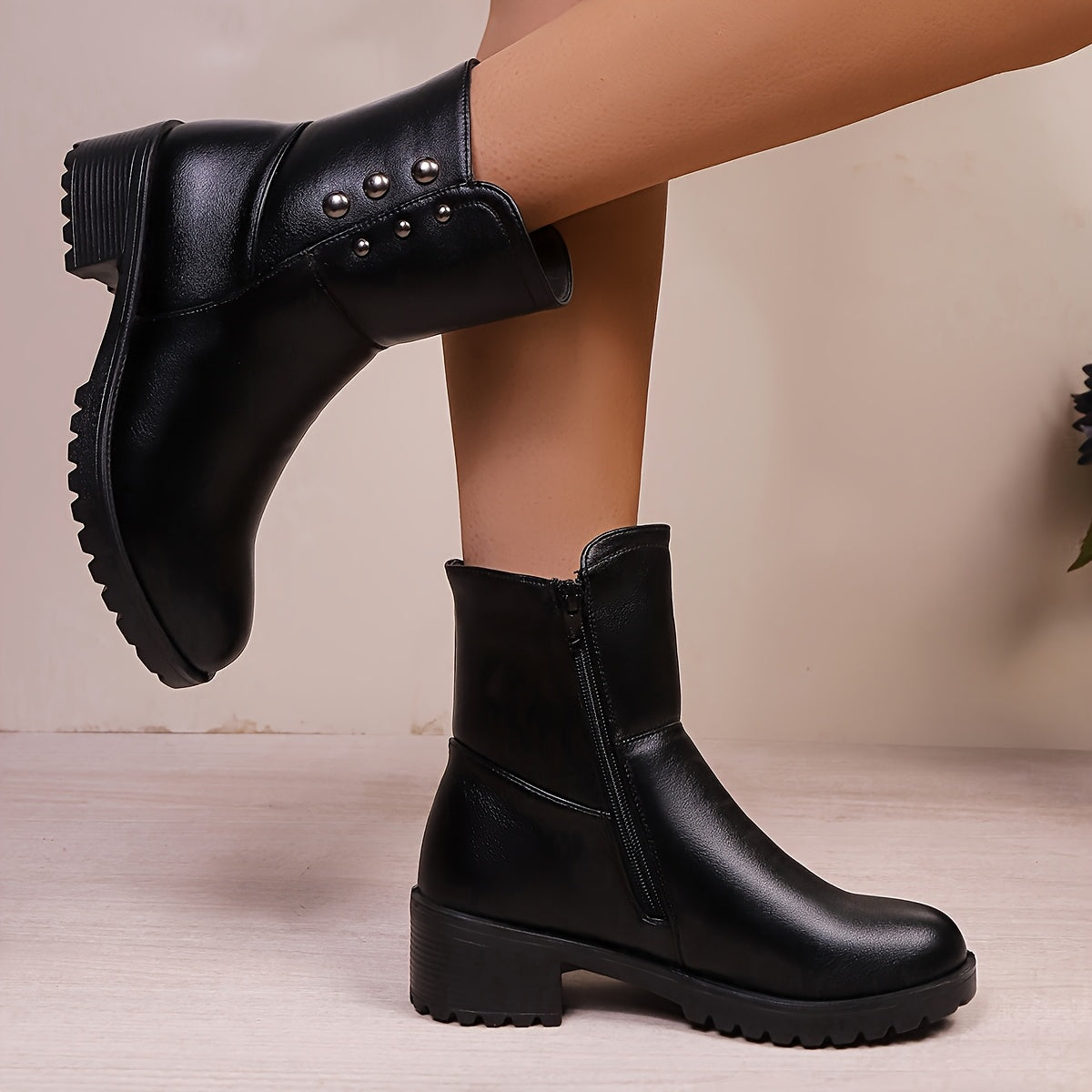Women's Faux Leather Mid-Top Ankle Boots with Side Zipper and Chunky Heel