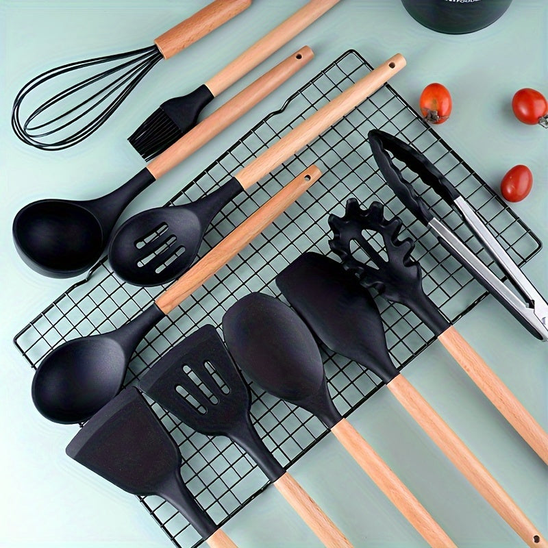 12-Piece Silicone and Wooden Handle Kitchen Utensil Set Heat-Resistant Cookware