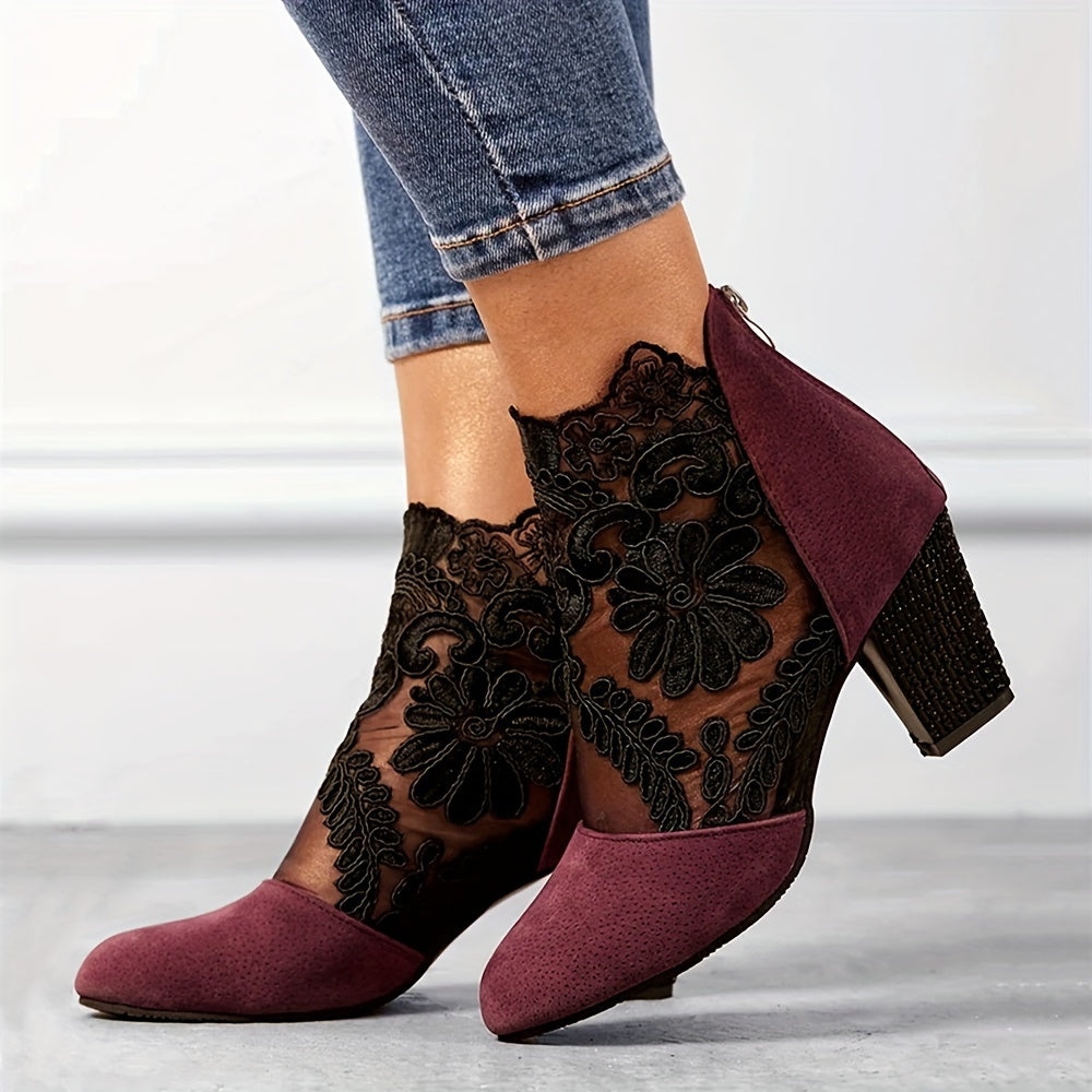 Women's Black Lace Ankle Boots with Floral Pattern, Chunky Heel, Back Zip