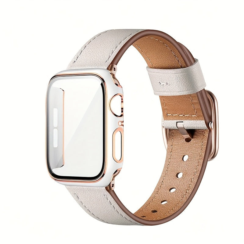 Sun Buckle Two-Color Rose Shell Protective Case for Smartwatch 2-in-1 Synthetic Leather Strap Tempered Glass Frame Compatible with iWatch Ultra Series