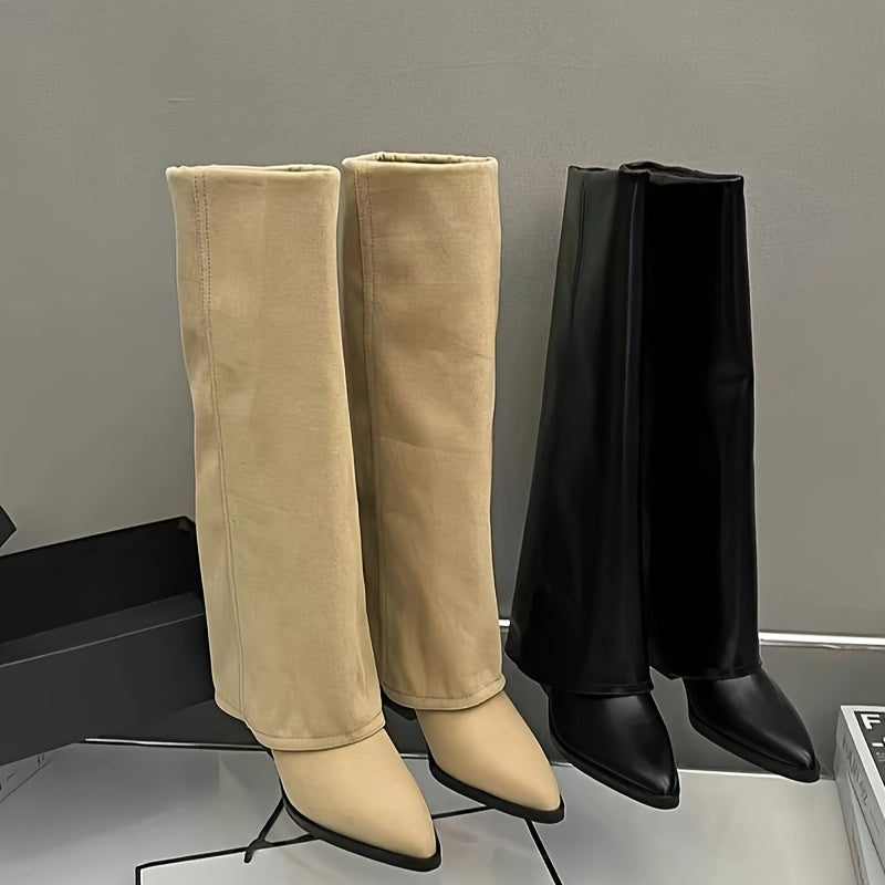 Women Knee-High Boots Solid Color Pointed Toe Block Heel