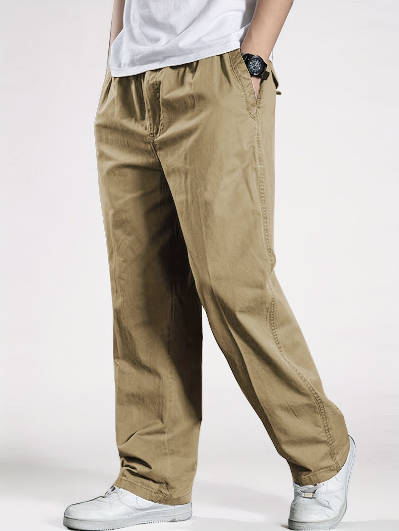 Men's Cotton Cargo Pants Elastic Drawstring Waist Solid Color Casual Spring Fall