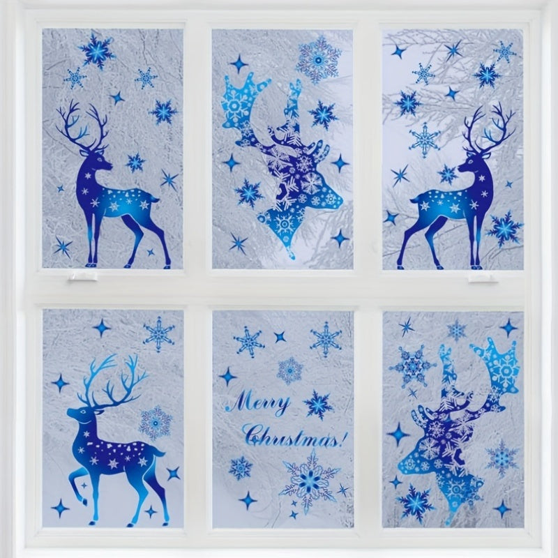 Christmas Window Decorations Set 5 Pieces Blue Snowflake and Deer Stickers Removable