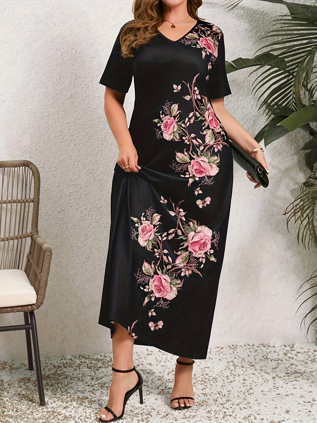 Plus Size Floral Print Slim Dress V-Neck Short Sleeve for Spring Summer Vacation