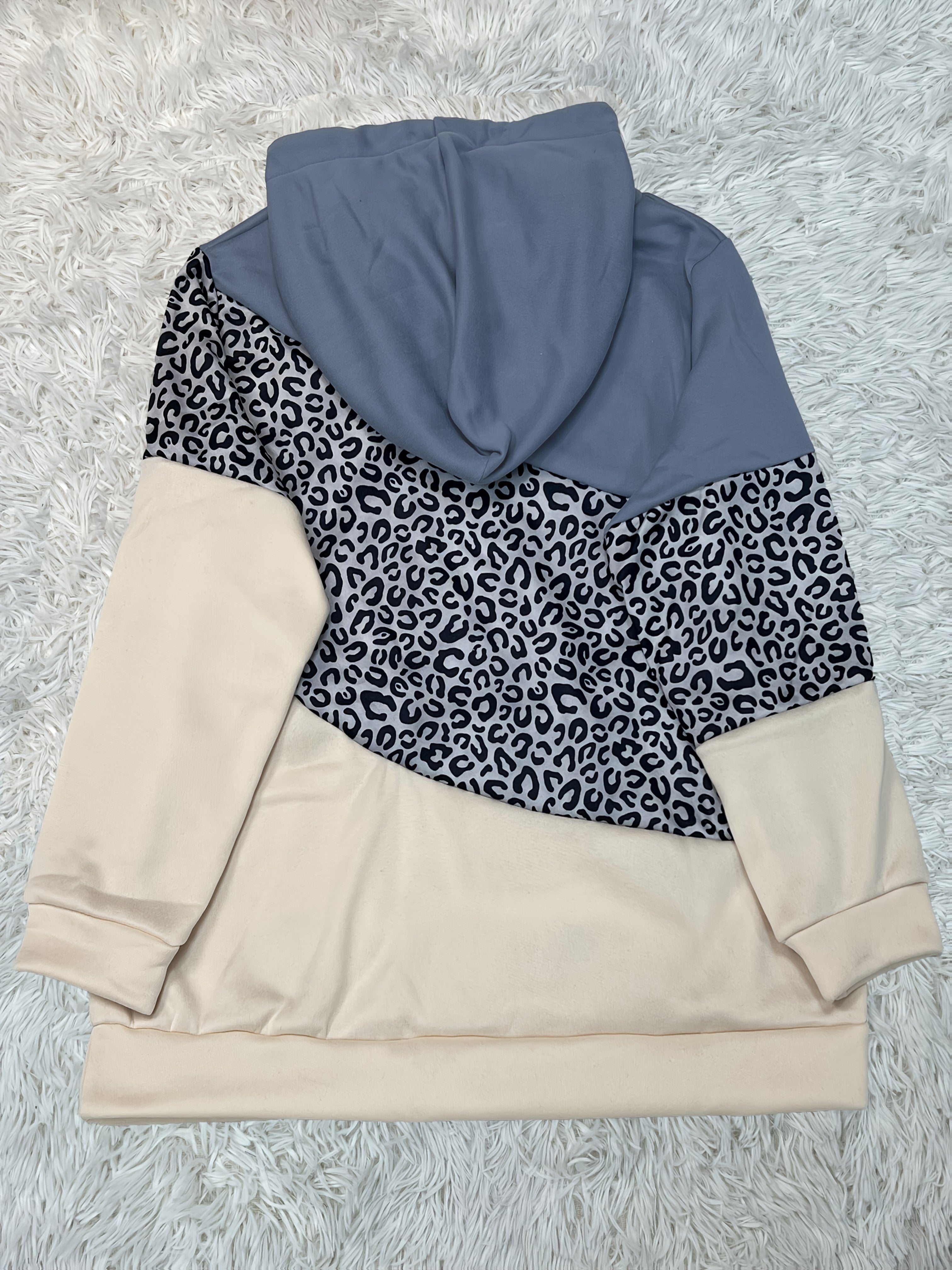 Plus Size Women's Colorblock Leopard Print Hoodie Long Sleeve Sweatshirt