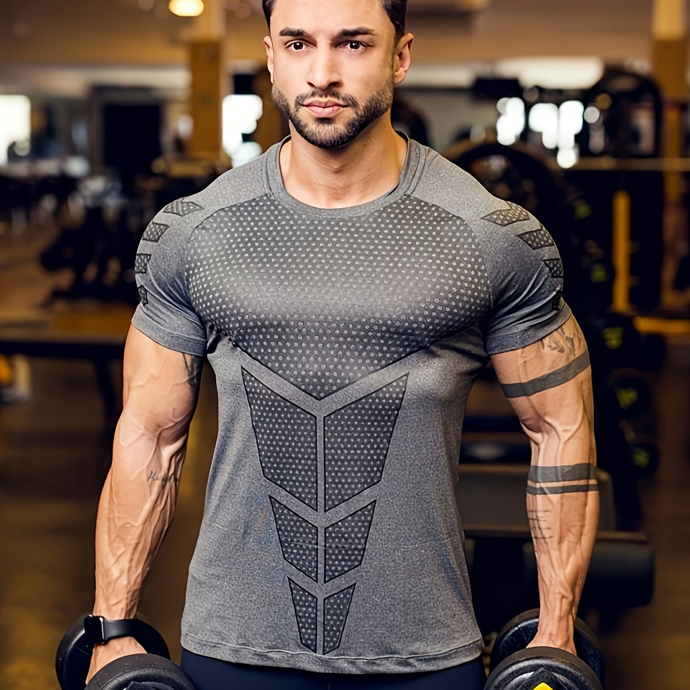 Camiseta de compresión atlética para hombre con estampado de flechas, transpirable, de poliéster, de manga corta para gimnasio y fitness