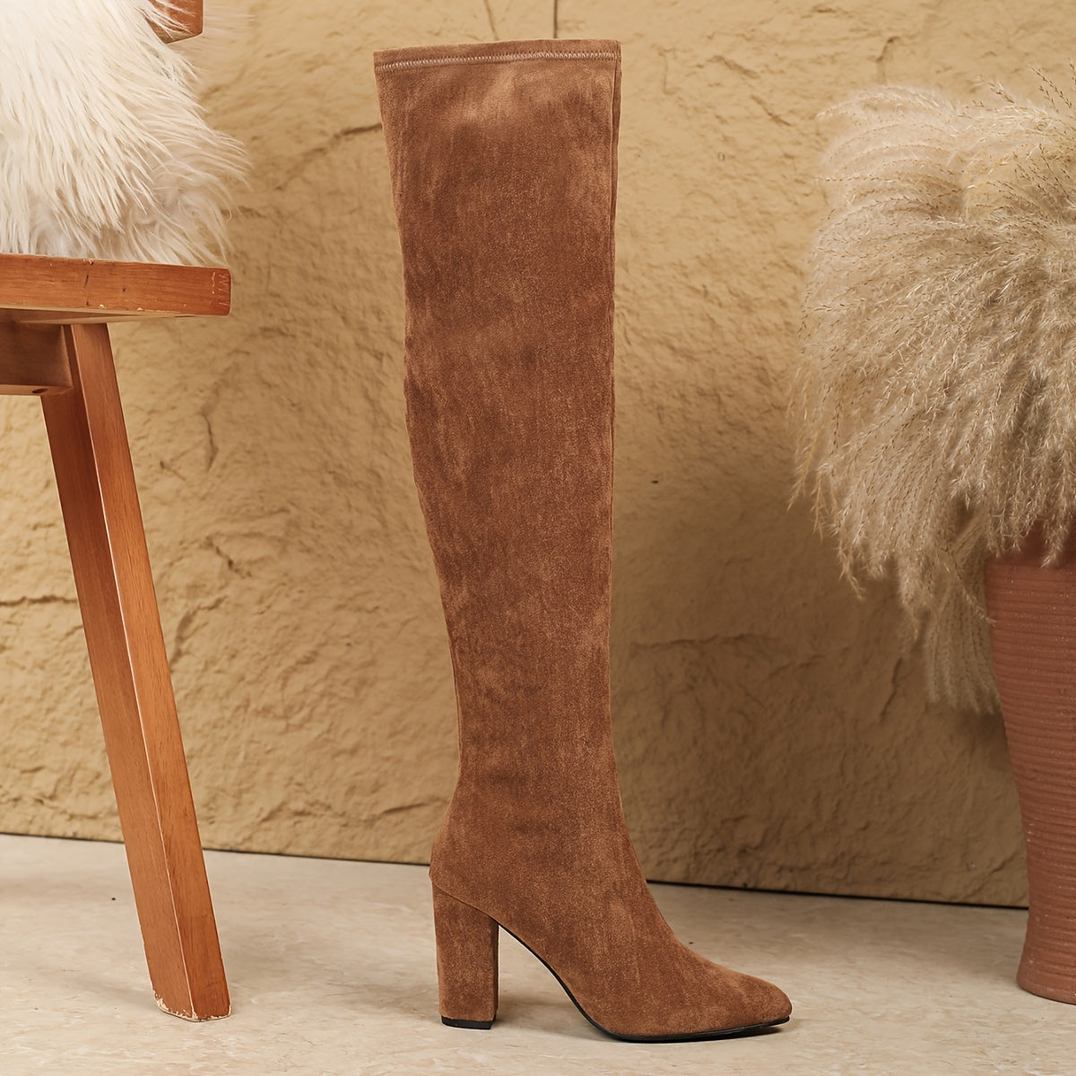 Women's Velvet Over-the-Knee Boots with Chunky Heel and Pointed Toe