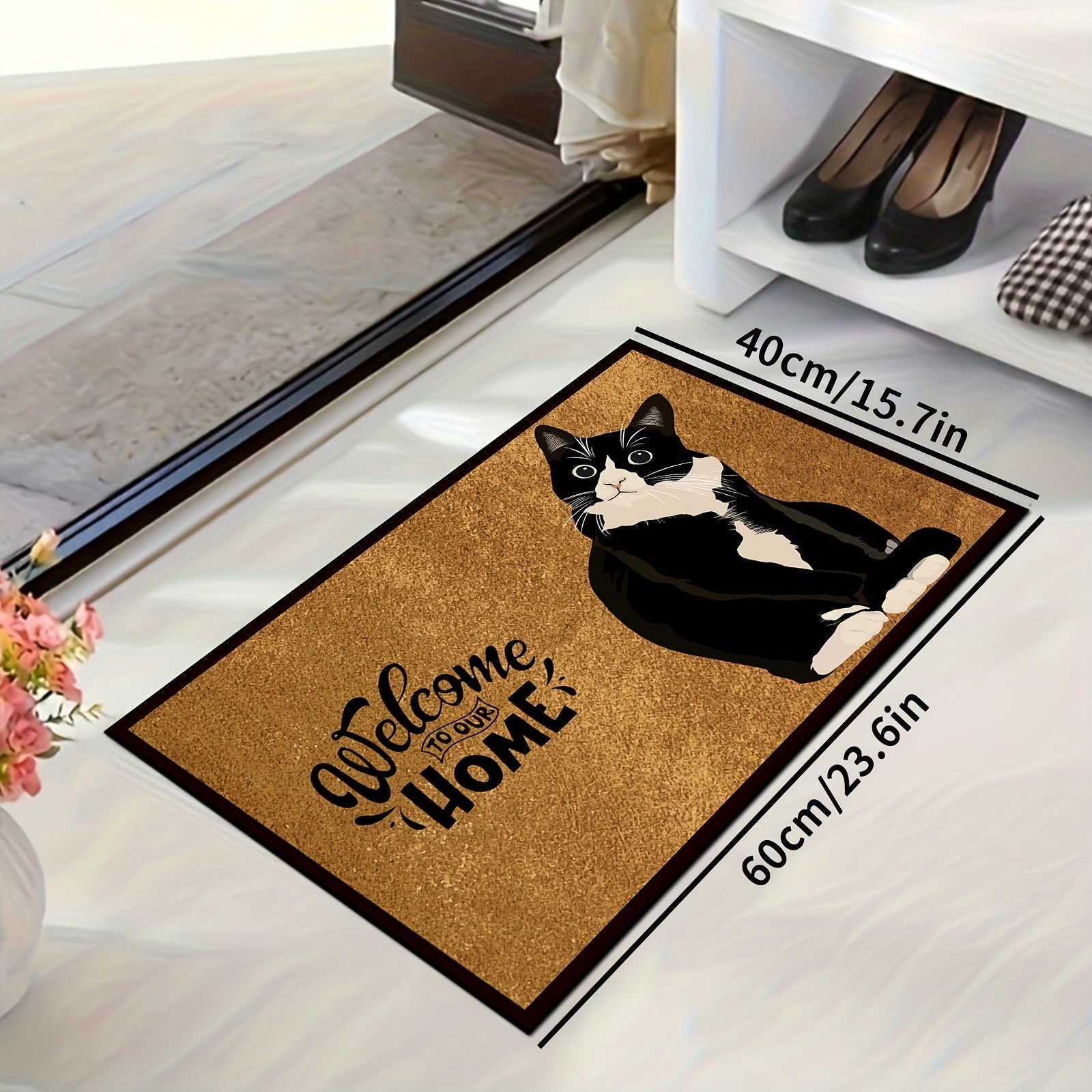 Black and White Cat Welcome Doormat Polyester Non-Slip Entry Rug