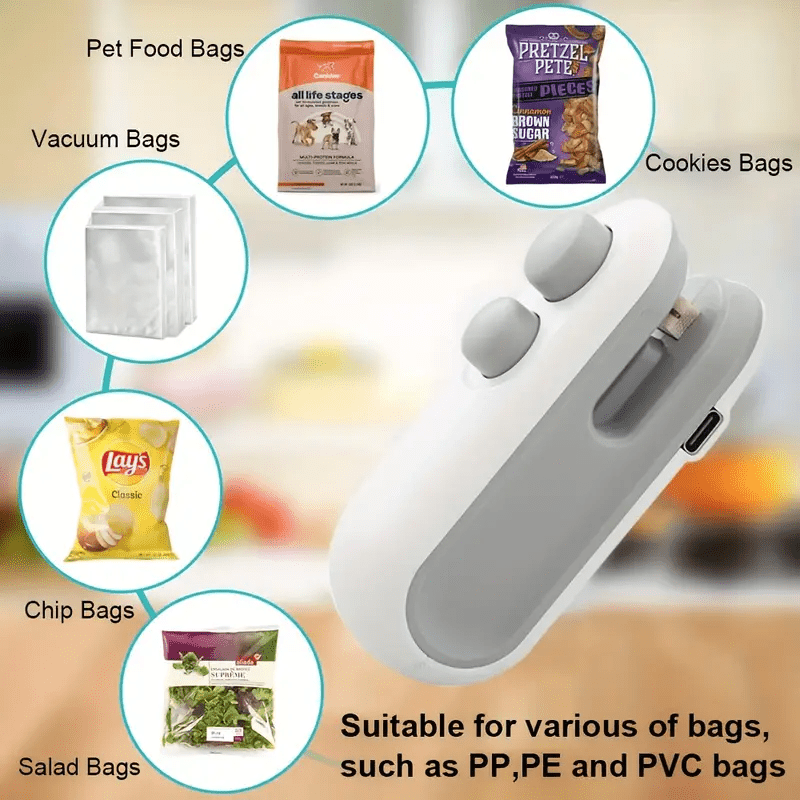 Portable USB Rechargeable Snack Bag Sealer with Cutter White Gray Kitchen Storage