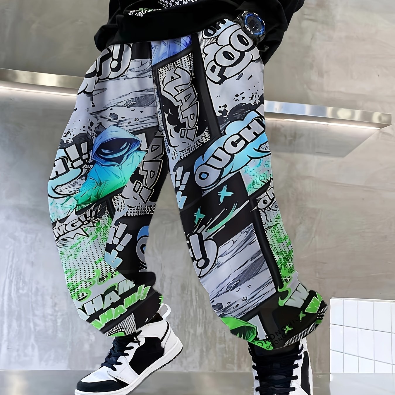 Boys Joggers with Graffiti Ink Splash Print Elastic Waist Casual Sportswear