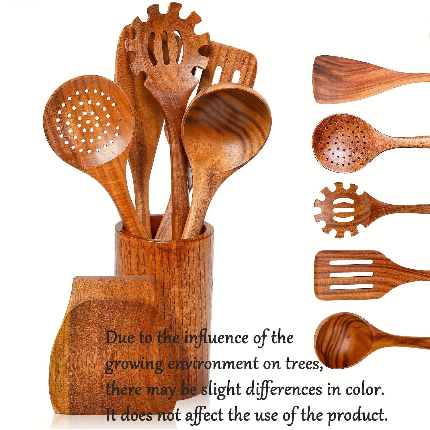 Set of 7 Wooden Kitchen Utensils with Holder Heat-Resistant Cooking Tools