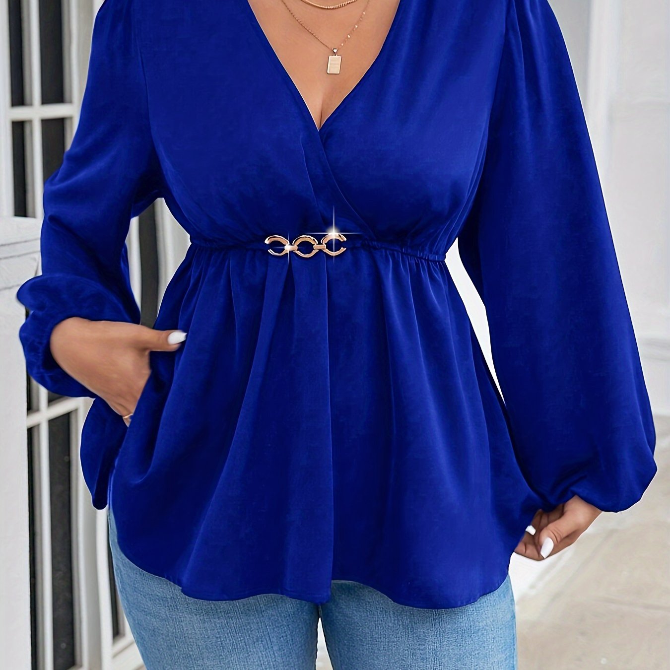Women's Plus Size V-Neck Lantern Sleeve Blouse Stretchy Polyester Spandex