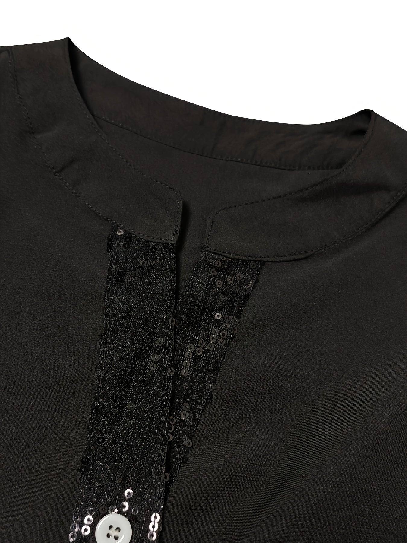 Ayollar uchun 1 dona Elegant Sequins bilan bezatilgan Turg'un Yaka Uzun Yengli Ko'ylak, 95% Polyester 5% Spandeks, Qattiq Rangli To'qilgan Bluzka Bahor/Kuz uchun