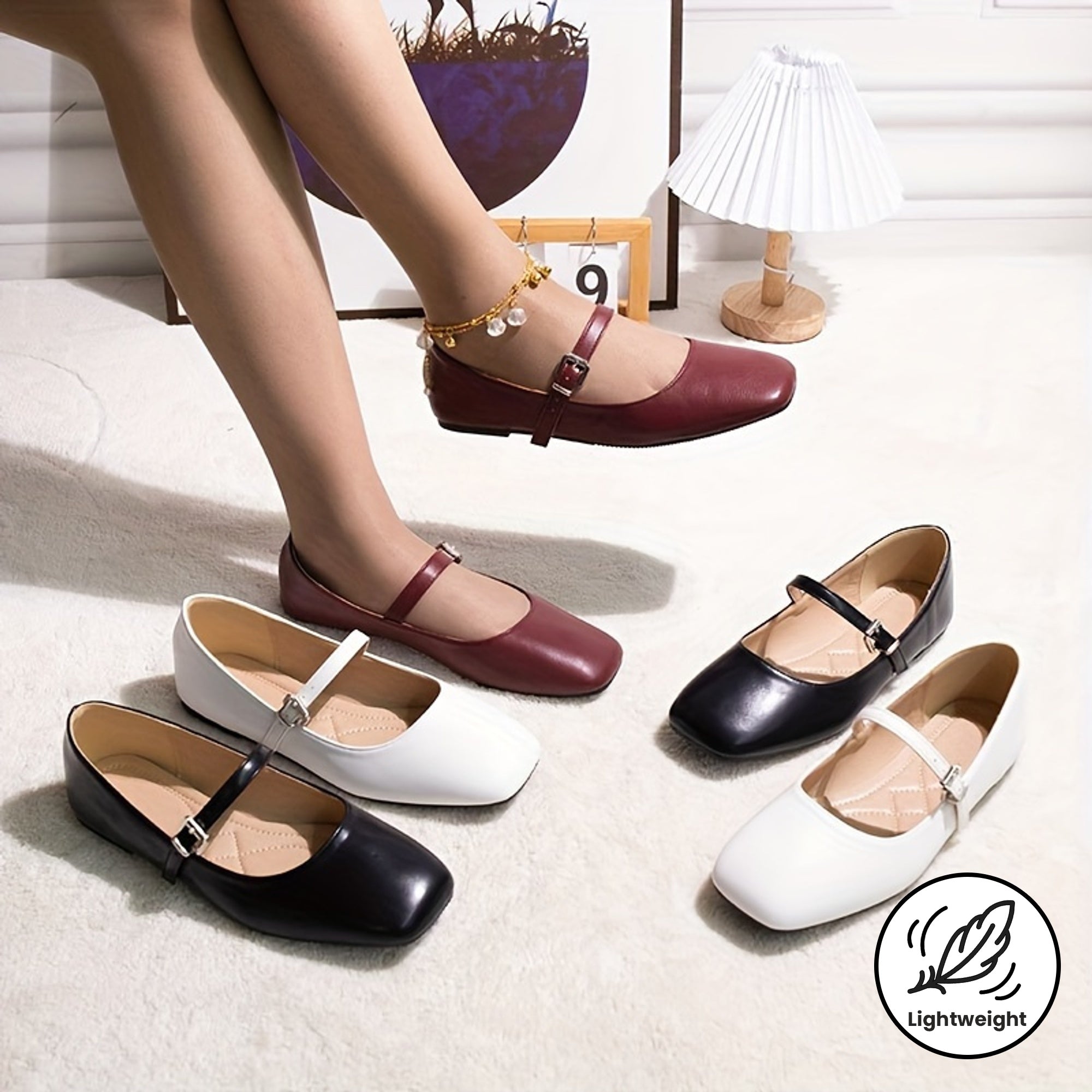 Women's Square Toe Mary Jane Flats Slip-On Shoes with Buckle White Black Red