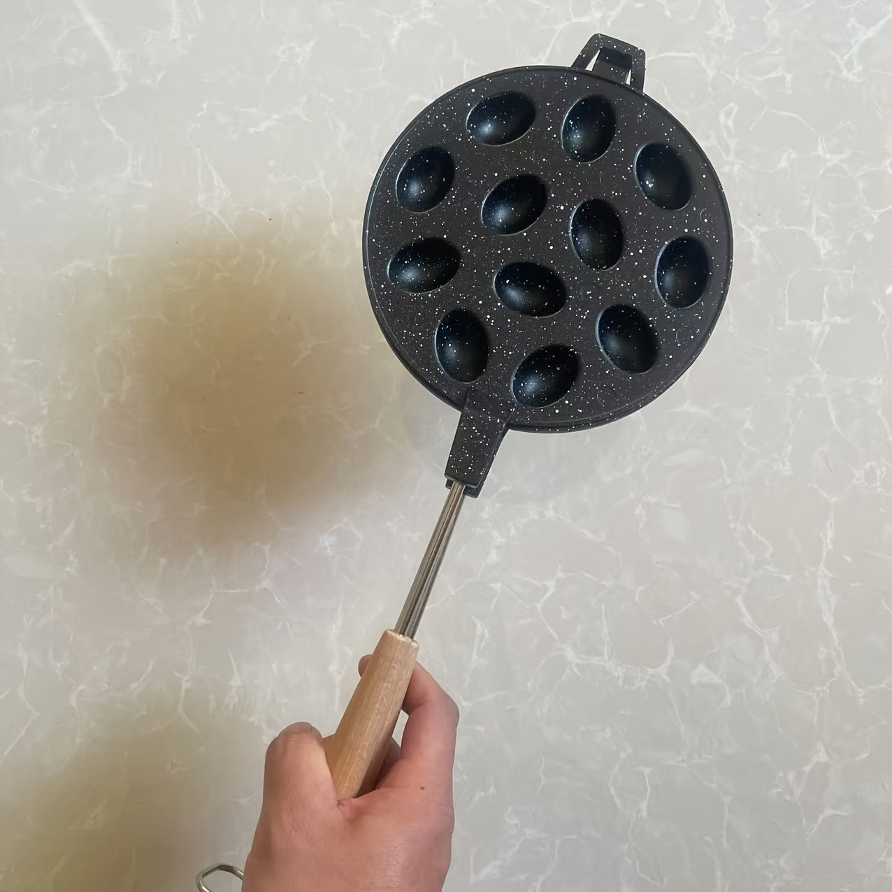 12-Cavity Non-Stick Baking Mold Pan with Wooden Handle for Waffles Cakes and Pancakes