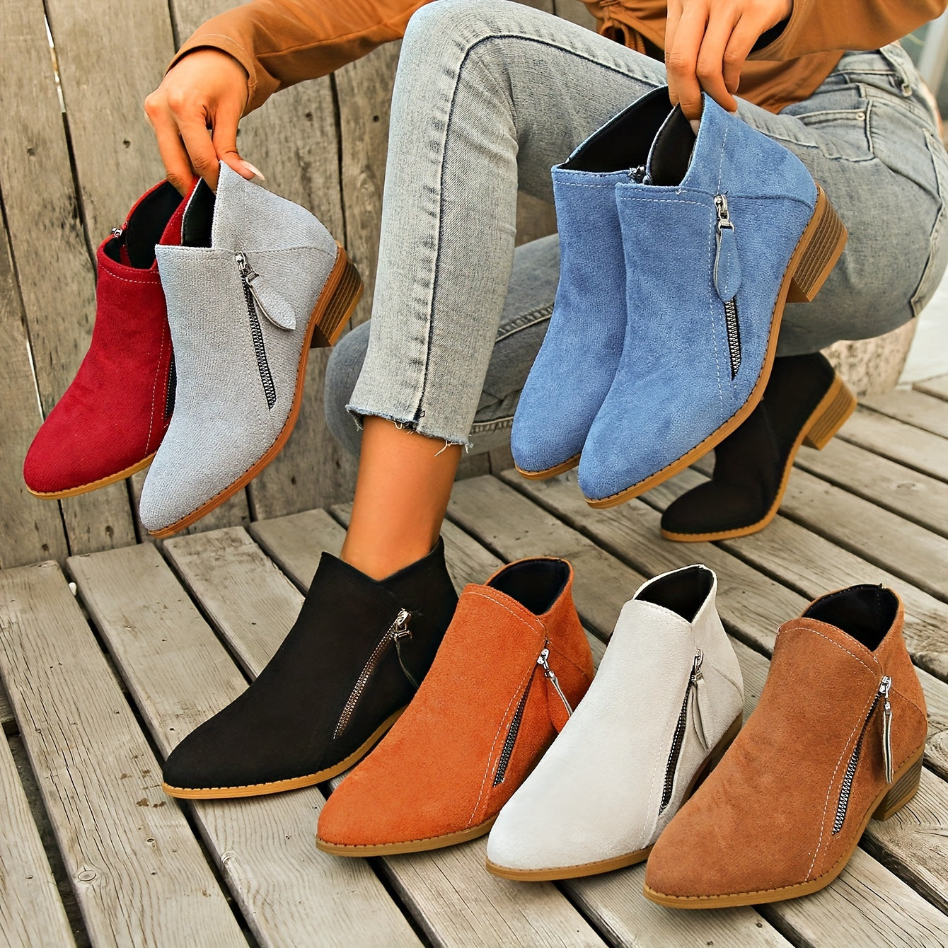 Women's Ankle Boots Retro Solid Color Casual Leather Footwear with Chunky Heel